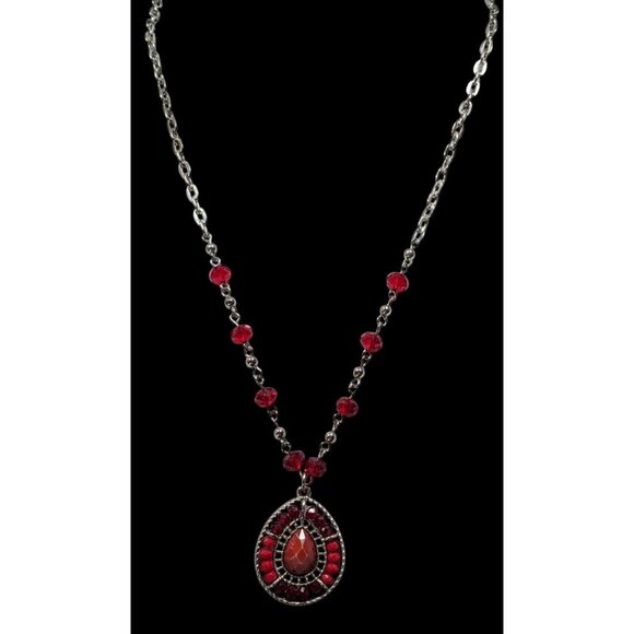 Bohemian Teardrop Necklace Red And Silver Tone - Picture 2 of 5